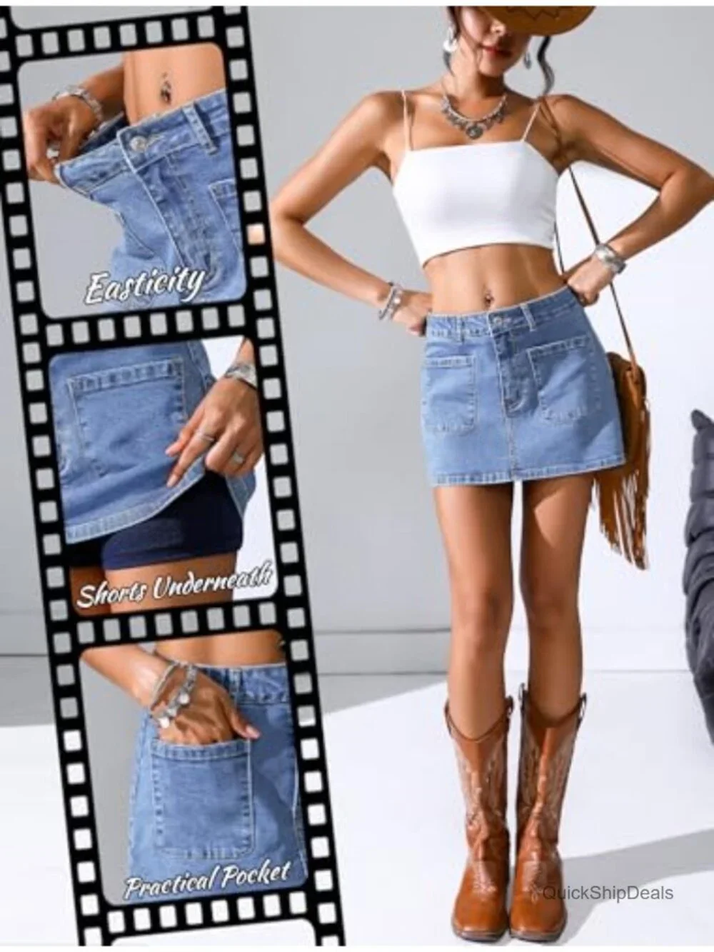 High-Stretch Denim Skort with Pockets for Women Y2K Mini Skirt